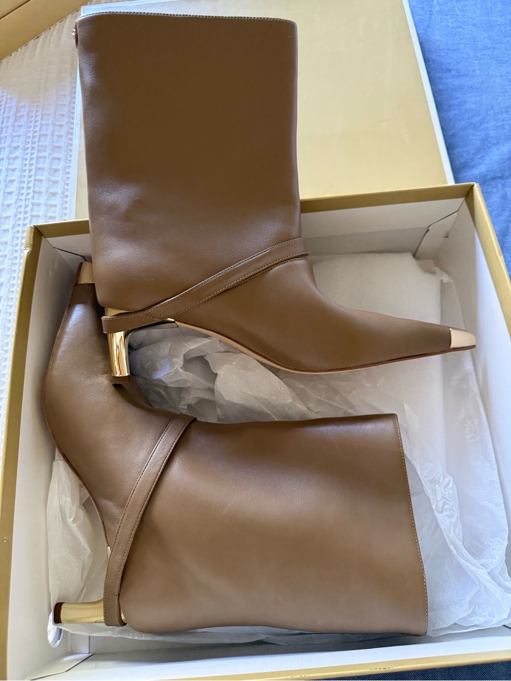 Michael Kors Brown Leather Mid-Calf Pointed-Toe Boots with Gold Accent Heel
